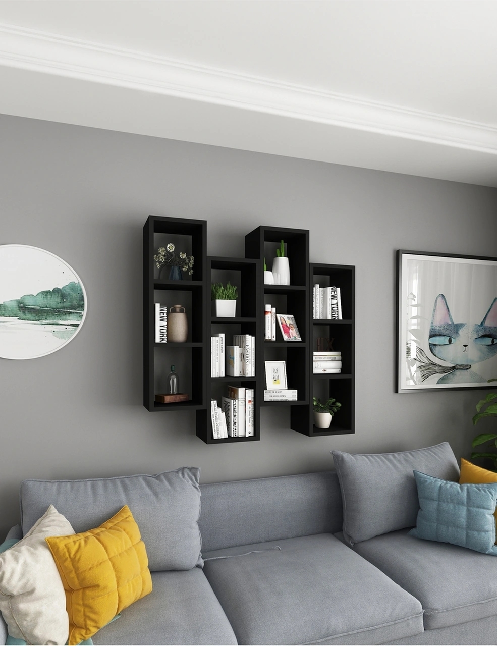 Kitaplık Mobilya Duvar Rafı Salon 4 Lü Takım Siyah Siyah
