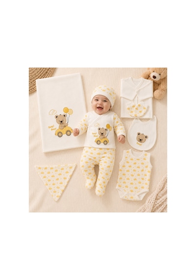 Petino Erkek Bebek Hastane Çıkışı 10 Lu Set Arabalı Ayıcık Nakışlı Sarı