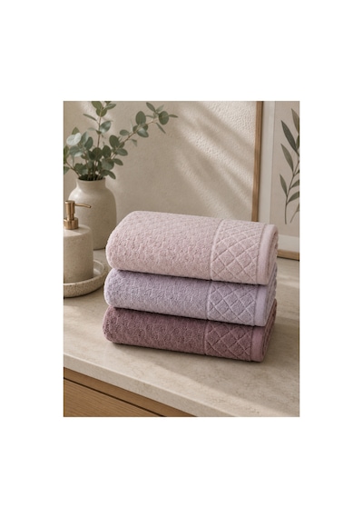 Gonca Kristal Desenli Renkli Havlu 50x90 Cm 3'lü Set %100 Pamuk - Mauve Blush Çok Renkli