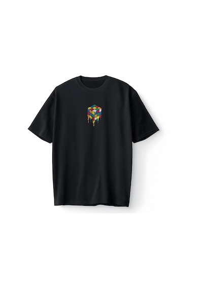 Bumeta Rubik Zeka Küpü Renkli Kombinasyon Akışkan Baskılı Oversize Unisex Tişört T-shirt Siyah