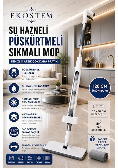 Kendinden Sıkmalı Kendini Temizleyen Mikrofiber Mop Su Hazneli Yer Mopu Fayans Duvar Yüzey Temizlik