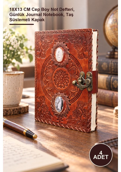 4 Adet Taşlı Deri Defter 18x13 Cm Cep Boy Not Defteri, Günlük Journal Notebook, Taş Süslemeli Kapak 1