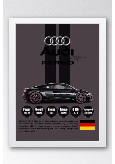 Audi R8 Rwd Premium Spor Araba Çerçeveli Tablo - Teknik Özellikli Otomobil Sever Duvar Dekoru Beyaz