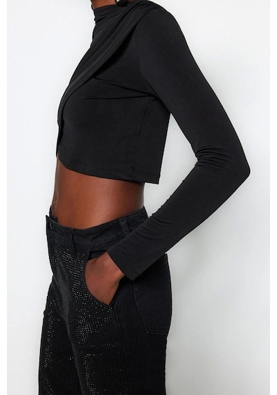 Ersefa Moda Dik Yaka Örme Slim Düz Desen Şık Gece Crop Uzun Kol Bluz Siyah