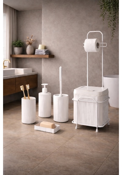 Decorev 6'lı Banyo Seti Metal Standlı Beyaz Ahşap Desenli Tuvalet Wc Kağıtlık Seti