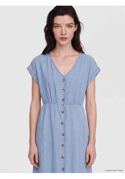 Lcw Comfort İndigo V Yaka Belden Oturtmalı Jean Elbise