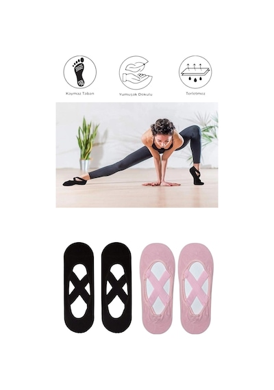 4 Adet Kadın Kaydırmaz Tabanlı Yoga Pilates Fitness Dans Ve Spor Çorabı Siyah - Pembe