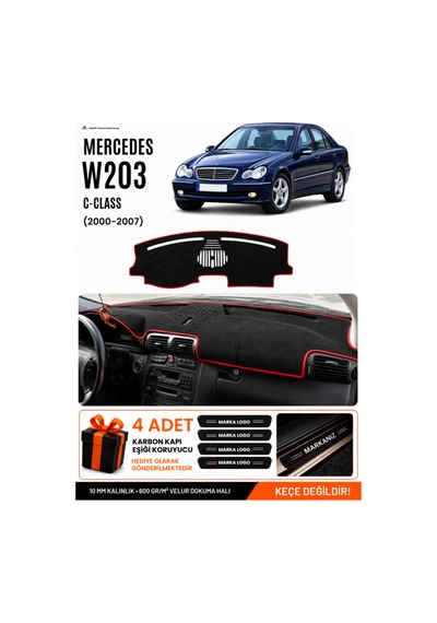 Mercedes W203 C-class 2000-2007 Uyumlu Torpido Örtüsü, Torpido Kılıfı - Siyah Kırmızı