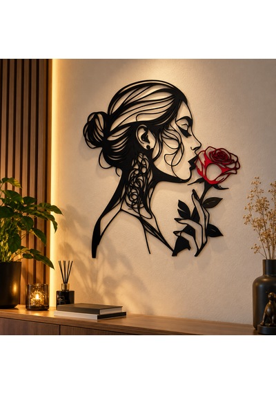 Kadın Ve Gül Figürlü Dekoratif Duvar Süsü 3d Baskı Modern Duvar Dekoru 32x28 Cm Kırmızı - Siyah