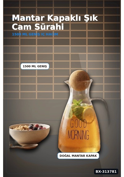 1500 Ml Yuvarlak Mantar Kapaklı Cam Sürahi - Good Morning Yazılı - Bulaşık Makinesi Uyumlu Bx-313781 Diğer