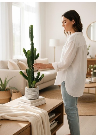 Yapay Kaktüs Euphorbia İngens Şamdan Ağacı Beton Saksıda Yapay Bitki 70cm Yeşil