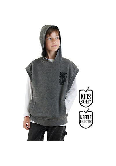 Erkek Çocuk Slogan Baskılı Gri Kapüşonlu Kolsuz Sweatshirt 6-11 Yaş