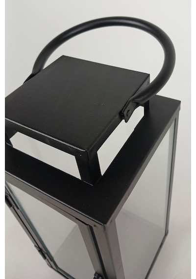 Cam Panelli 31 Cm Metal Mumluk Fener - Askılı Dikdörtgen Dekoratif Şamdan Siyah