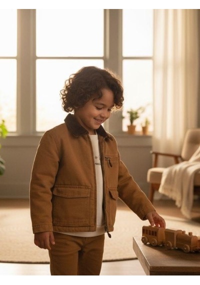 Zekids Erkek Çocuk Pamuklu Fitilli Yaka Detaylı Astarlı Cepli Mevsimlik Ceket-16320 Camel