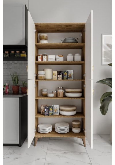 Simple Sp4190 Çok Amaçlı Dolap 4 Kapaklı Mutfak Dolabı Balkon Dolabı Kiler Banyo Dolabı Ayakkabılık Ekru Ceviz