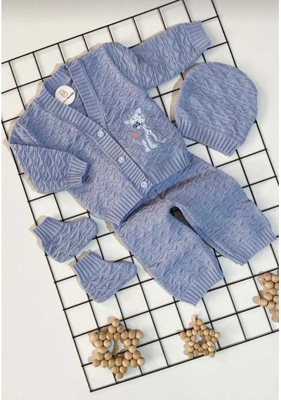 Veramoni Unisex Hediyelik Yenidoğan Kedicik Baskılı Triko Şapkalı Patikli 4'lü Alt Üst Takım Mavi