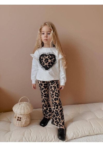 Miniko Kids Kız Çocuk Kalp Modelli Tül Detaylı Leopar İspanyol Paça Taytlı Takım Ekru Miniko Kids Kız Çocuk Kalp Modelli Tül Detaylı Leopar İspanyol Paça Taytlı Takım Ekru
