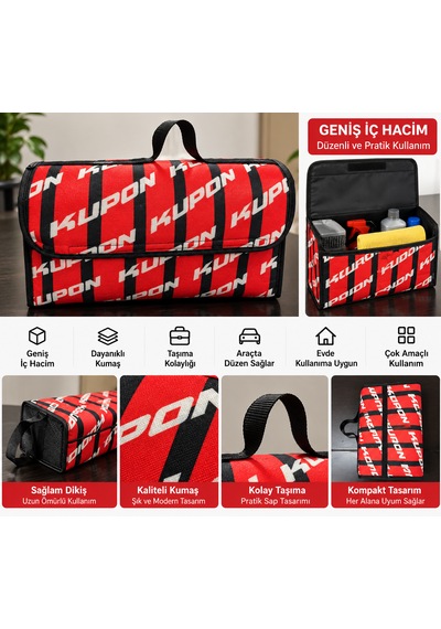 Kupon Desenli Araba Bagaj Çantası 45x25x15 Cm Oto Bagaj Organizer Kapaklı Cırtlı Düzenleyici