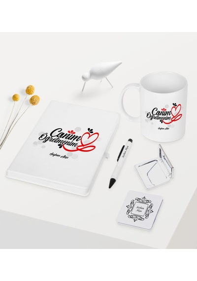 Kişiye Özel Canım Öğretmenim Temalı Beyaz Defter Kalem Kupa Ayna N11.1562 Beyaz