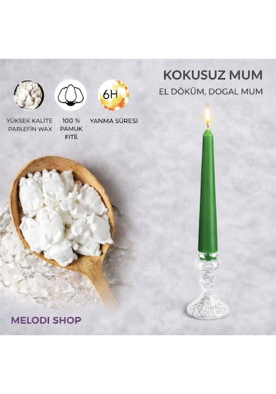 Yeşil Renk İnce Şamdan Mum Seti, 25 Cm Uzunluk, 10 Lu Paket, Dekoratif Taper Dilek Mum, Şık M