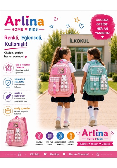 Kore Model Tavşan Aksesuarlı Su Geçirmez Kız Çocuk Çantası Pudra Pudra Pembe