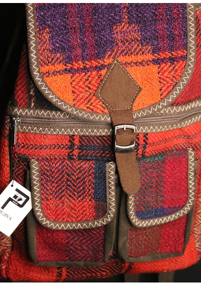 Pujiva Etnik Tarz Kilim Desenli, Çok Cebli, Fermuarlı, Renkli Sırt Çanta Koyu Kırmızı