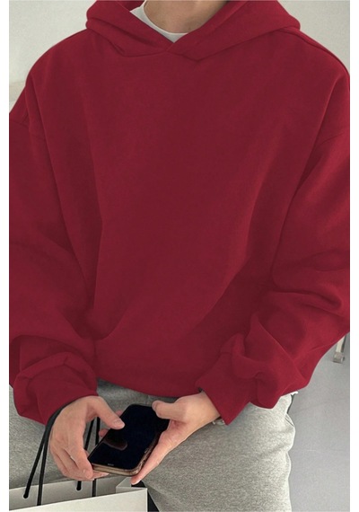 Tarz Cool Erkek Kapüşonlu Oversize Sweatshirt Bordo