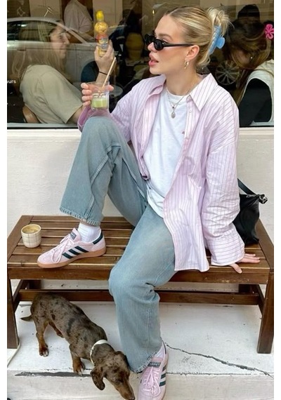 Pembe Çizgili Oversize Kadın Gömlek Mg2732 Pembe