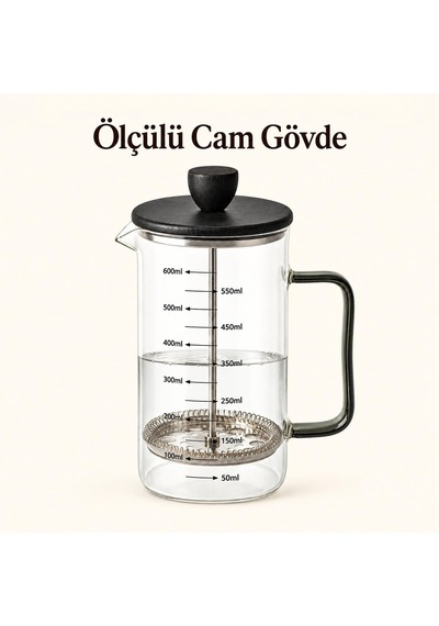 Siyah Bambu Kapaklı French Press, 600 Ml Ölçülü Borosilikat Cam Kahve Ve Bitki Çayı Demliği, Siyah Cam Kulplu Diğer