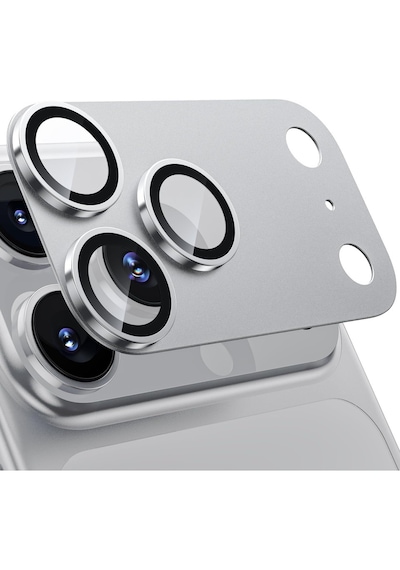 Apple Uyumlu iPhone 17 Pro Tek Parça Tam Kapatan Metal Temperli Kamera Lens Koruyucu Gümüş