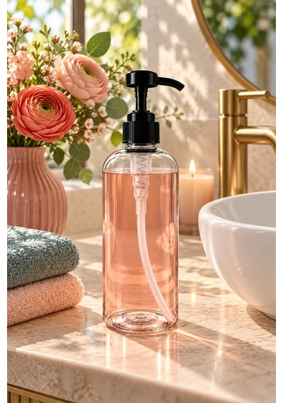 Dozajlı Basmalı Başlık Şeffaf Doldurulabilir Plastik Şişe 500 Ml Şeffaf - Amber