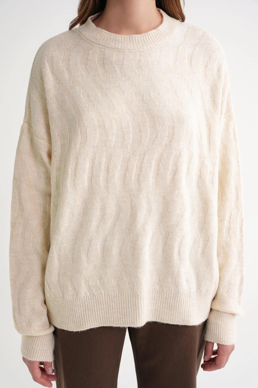 Mixray 6947 Kadın Kendinden Desenli Oversize Triko Kazak Naturel