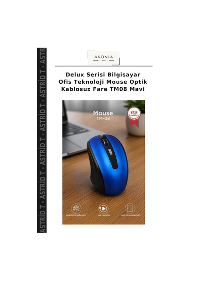 Delux Serisi Bilgisayar Ofis Teknoloji Mouse Optik Kablosuz Fare Tm08 Mavi