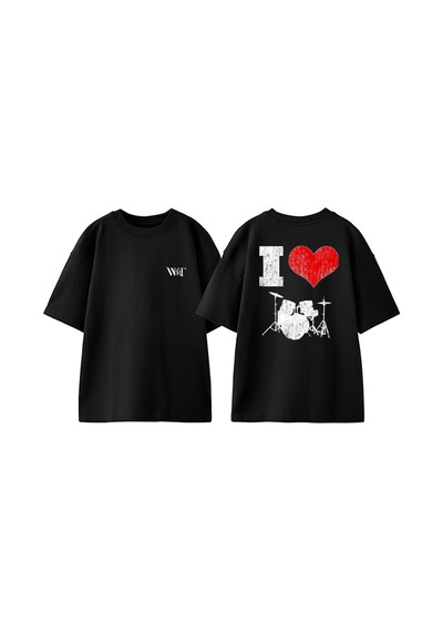 Thewert Bateri Drum Müzik 3 Tasarım Sırt Baskılı Pamuk Siyah Oversize T-shirt