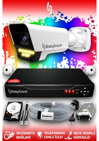 Bayicam 1 Kameralı Süper 1 Dış Kamera Set 2 TB 5 MP 2K Renkli Gece Görüşlü Güvenlik Kamerası Sistemi
