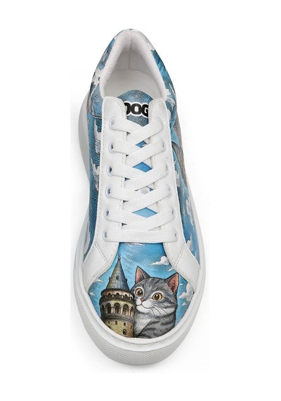 Kadın Vegan Deri Beyaz Sneakers - Galata Cat Tasarım Çok Renkli