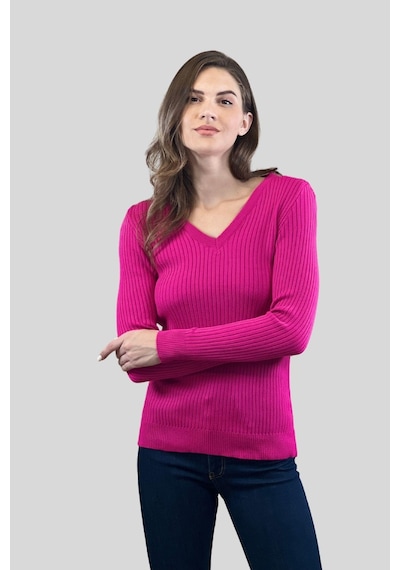 Miss Poem Kadın V Yaka Slim Fit Fitilli Uzun Kışlık Ekru Triko Kazak Fuşya