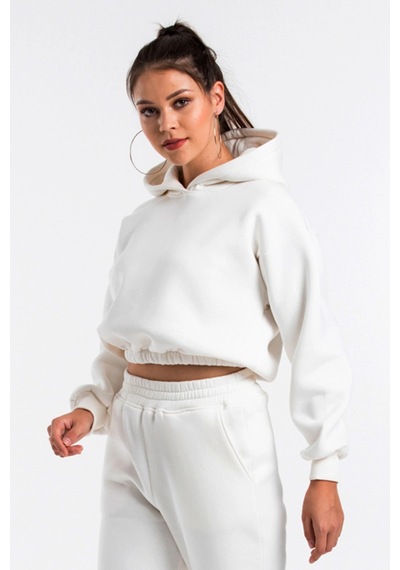 Caya Kadın Ekru Renk Kapüşonlu Crop Kesim Sweatshirt Cy84196 Beyaz Beyaz