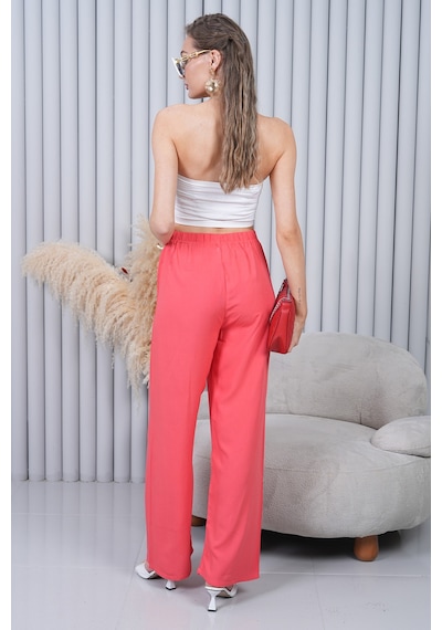 Polologin Butik Beli Bağcıklı Yüksek Bel Bol Paça Mercan Pantolon Kırmızı