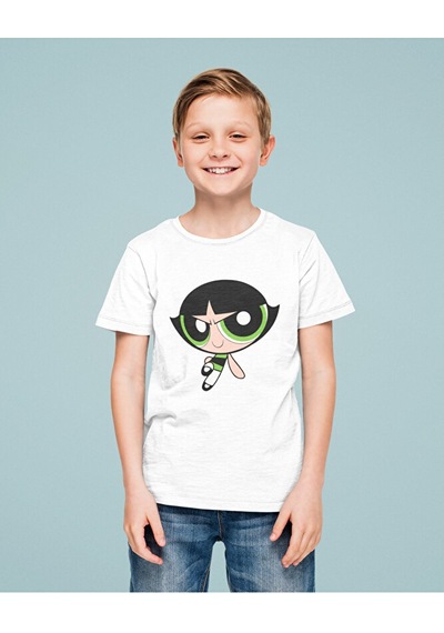 Sevbano Power Puff Girls Buttercup Baskılı Unisex Çizgi Film Çocuk Tişört Beyaz