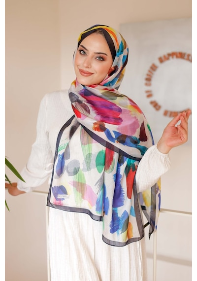 Mimiyum Nayf İpek Şal Pastel Desen - Lacivert - Turuncu