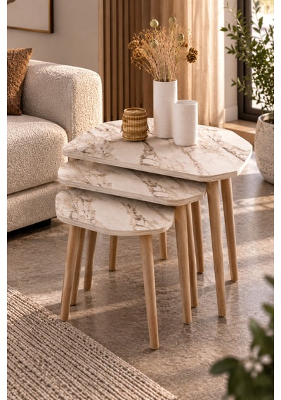 Sulorahome Bej Mermer Desenli 3'lü Zigon Sehpa Seti Beyaz - Wenge
