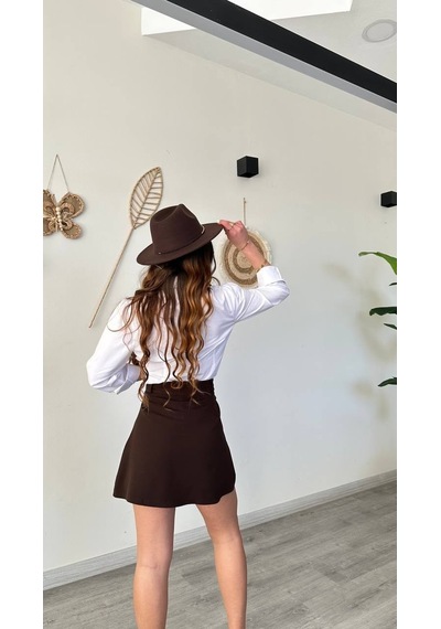 Duygudan Yüksek Bel Pileli Kahverengi Şort Etek A Kesim Mini Skort - Kahverengi