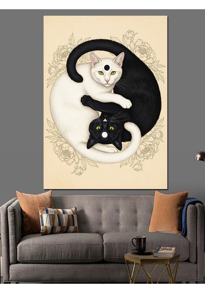 Ahşap Tablo Yin Yang Kedi Felsefesi Çocuk Odası Tabloları