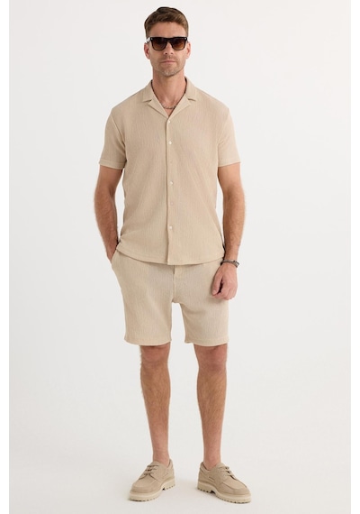 Tudors Erkek Slim Fit Dar Kesim Apaş Yaka Beli Bağcıklı Bej Gömlek Şort Takım-37574 Bej