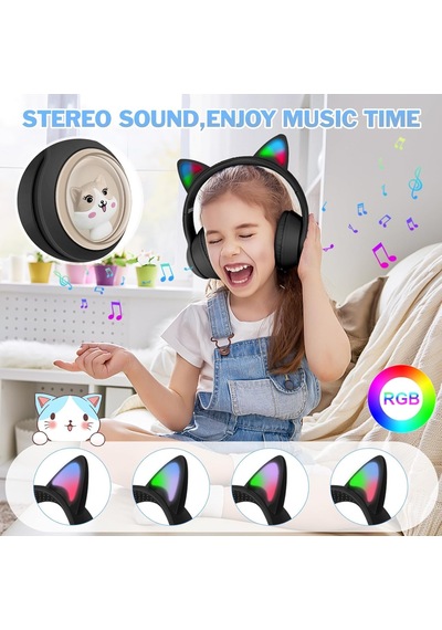 Renkli Büyük A Kalite Kulak Üstü Taç Renkli Işıklı Kedi Kulaklı Kedi Kabartmalı 5.3 Version Ped Balşlıklı Boyu Ayarlanabilen Çok Rahat Bluetooth Kulaklık Akz 02 Pembe
