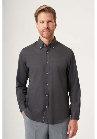 İmza Füme Düğmeli Yaka Gabardin Slim Fit Pamuklu Gömlek 1004265129 Antrasit