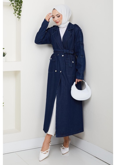 Hb Harma Time Butik Kadın Cepli Kuşaklı Denim Lacivert Trençkot
