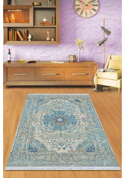 Mavi Klasik Göbekli Dokuma Pamuk Taban Kaymaz Kilim Klm029n11
