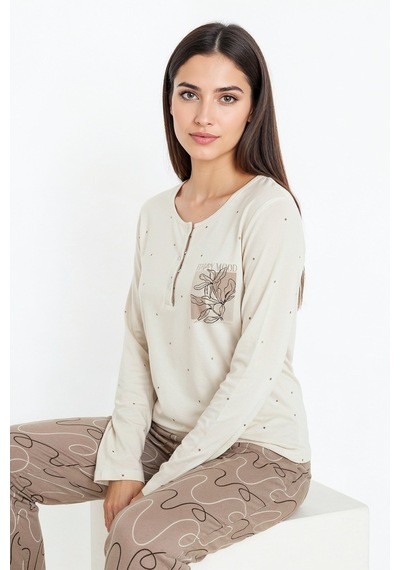 Üstü Puantiyeli Altı Çizgi Desenli Elite Viscose Uzun Pijama Takımı Krem 3569 Kahverengi